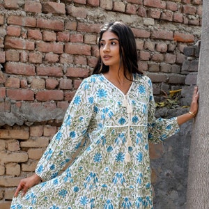 Blue Green Floral Hand Block Printed Cotton Maxi Dress – Boho Tiered Long Dress with Tassels – V Neck Full Sleeve Indian Dress