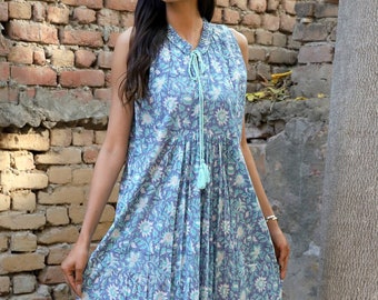 Sleeveless Blue Floral Hand Block Printed Cotton Maxi Dress – Boho Summer Long Dress with Tassel Tie Neck – Flowy Indian Dress