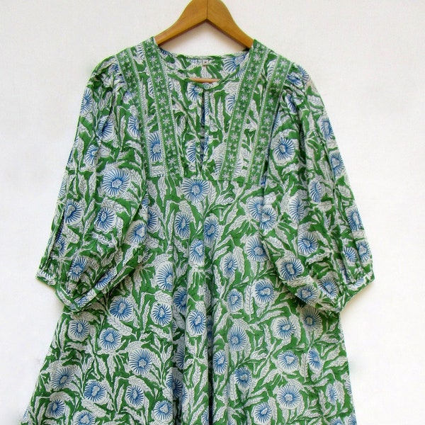 green blue traditional block printed cotton maxi dress - split neckline with buttons long maxi dress - 3/4th sleeve with button maxi dress