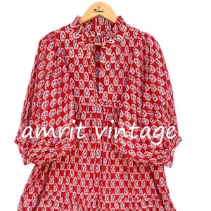 Red Leaf Block Printed Cotton Maxi Dress – Boho Puff Sleeve Tiered Ruffle Neck Dress – Indian Handmade Summer Dress for Women
