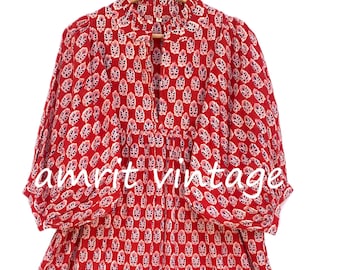 Vestido largo de algodón con estampado de hojas rojas – Vestido bohemio con mangas abullonadas y cuello con volantes – Vestido de verano indio hecho a mano para mujer