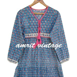 Blue Floral Block Print Cotton Maxi Dress – Long Sleeve Boho Dress with Tassel Ties – Tiered Indian Dress for Women