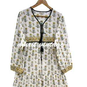 Yellow Green Floral Block Print Cotton Maxi Dress – Boho Tassel V Neck Dress – Long Sleeve Indian Handmade Summer Dress