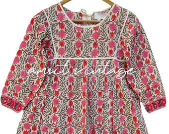 Vestido largo maxi de algodón para niñas con estampado floral en rojo y rosa - cuello redondo con borla en la espalda - vestido largo de verano para niñas - manga tres cuartos