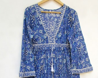 royal blue elegant print cotton long maxi dress- deep v neckline with drawstring Indian maxi dress - long bell sleeve casual wear maxi dress