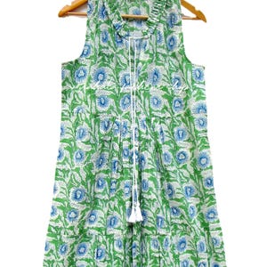 green blue floral printed cotton bohemian maxi dress - sleeve less summer Indian wear dress - Henley neckline with tassel maxi image 1