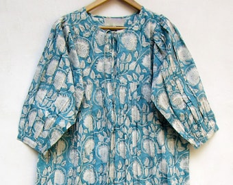 big lotus floral printed sky blue women long maxi dress - round neckline with cotton ties long maxi dress