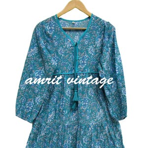 Teal Blue Floral Block Print Cotton Maxi Dress – Long Sleeve Boho Tiered Dress – V Neck Tassel Indian Handmade Summer Dress