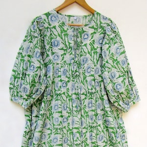 green blossom floral printed cotton maxi dress - Henley neckline with cotton ties dress - 3/4th sleeve with buttons maxi