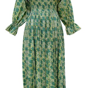 Green Floral Block Printed Cotton Maxi Dress – Square Neck Boho Dress with Smocked Bodice and Puff Sleeves