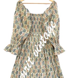 Earthy Floral Smocked Cotton Midi Dress – Boho Off Shoulder Hand Block Printed Dress with Puffy Sleeves – Vintage Indian Style Dress