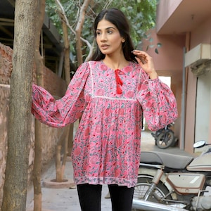 summer cool color printed hippie style blouse tops - Henley neckline with tassel blouse - long sleeve with buttons blouse tops - with lace
