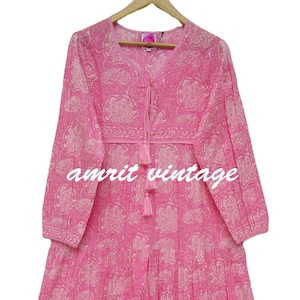 Pink Hand Block Printed Cotton Maxi Dress – Boho Tiered Long Dress with Tassels – Vintage Floral Print Dress for Women