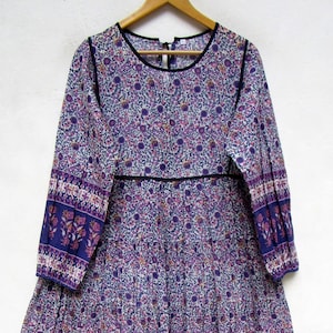 boho style 90&#39;s vintage mini maxi dress - crew neckline with back tassel Indian mini maxi dress - long sleeve Indian mini maxi dress