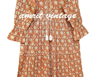 Rust Floral Block Print Maxi Dress – Ruffle Neck Long Sleeve Cotton Dress with Tassel Tie – Boho Prairie Style Tiered Dress