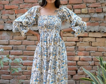 adorable flowery printed cotton long maxi dress - square neckline with smocking boho maxi dress - long sleeve casual maxi dress