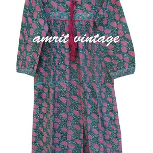Boho Green & Pink Floral Block Print Maxi Dress – V Neck with Tassel, 100% Cotton Cambric, Long Sleeve Summer Dress