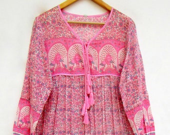 pink floral printed cotton midi maxi dress - v neckline with tassel summer midi maxi dress - long sleeve midi maxi dress