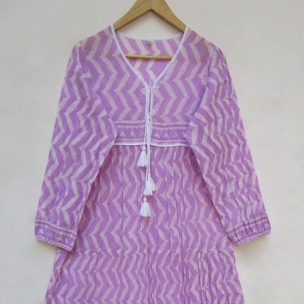 chevron printed cotton long maxi dress - v neckline with tassel bohemian maxi dress - long sleeve Indian maxi dress
