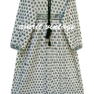 Green Tree Block Print Cotton Maxi Dress – Long Sleeve Boho India Dress – Tassel V Neck Ethnic Summer Dress – Handmade Kaftan Style