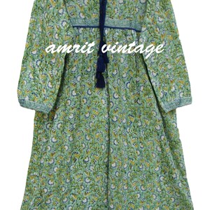 Green Floral Block Print Cotton Maxi Dress – V Neck Long Sleeve Dress with Tassels – Boho Indian Handmade Tiered Dress