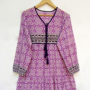 purple geometrical pattern hand block printed long maxi dress - v neckline with tassel cotton maxi dress - long sleeve with border dress