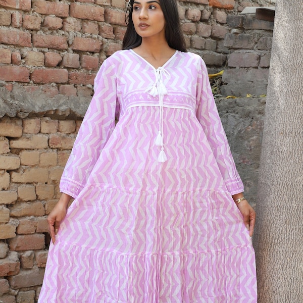 purple chevron printed cotton long maxi dress - v neckline with tassel boho maxi dress - long sleeve Indian maxi dress