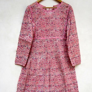 pink small floral screen printed long maxi dress - boat neckline with back tassel cotton dress - long sleeve bohemian maxi