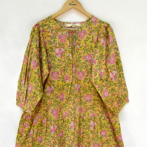 green floral hand block printed cotton mini maxi dress - Henley neckline with cotton ties mini dress - 3/4th sleeve summer mini maxi dress