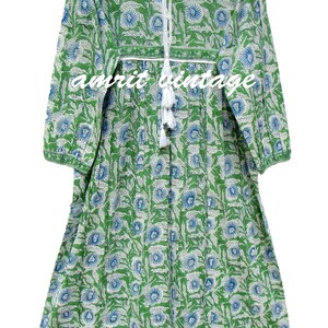 Green Blue Floral Cotton Maxi Dress – Hand Block Print Boho Dress with Tassels – Long Sleeve Indian Ethnic Kaftan Style