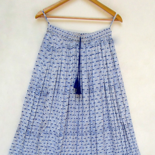 light blue hand block printed cotton long maxi skirts - broomstick style bohemian style maxi skirts