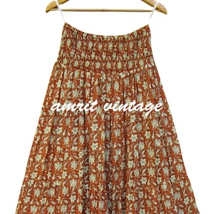 Rust Floral Cotton Boho Skirt – Smocked Waist Vintage Style Block Print Midi Skirt – Indian Hand Printed Summer Skirt