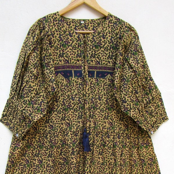 bagru dye floral printed beach cover up hippie mini maxi dress- Henley neckline with cotton ties mini maxi dress - 3/4th sleeve with buttons