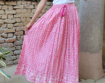 pink geometrical block printed bohemian cotton maxi skirt - with tassels long skirt