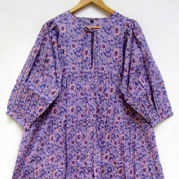 Sommer Siebdruck Baumwolle floral Mini Maxi Kleid - Henley Ausschnitt Mini Maxi Kleid - 3/4th Sleeve Mini Maxi Kleid - Sommer Boho Kleid