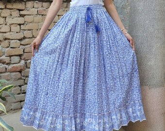 blue geometric hand block printed cotton long maxi skirts - broomstick style bohemian summer maxi skirts
