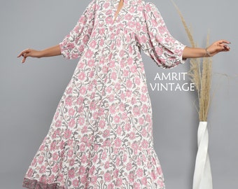 indian pink gray floral hand block printed women's maxi dress - frill collar long dress  with belt