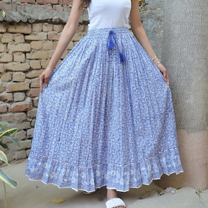 blue geometric hand block printed cotton long maxi skirts - broomstick style bohemian summer maxi skirts