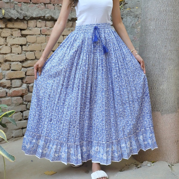 summer wear block printed cotton long maxi skirts - broomstick style maxi skirts