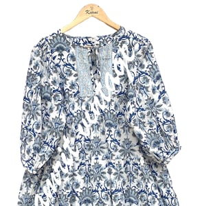 Blue Floral Hand Block Printed Cotton Mini Dress – Boho Peasant Style with Embroidered Neckline – Indian Tunic Dress