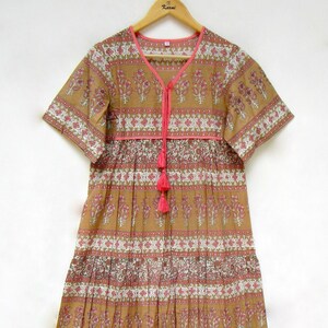 bohemian floral screen printed long maxi dress - half sleeve cotton maxi dress - v neckline with tassel summer dress