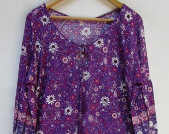 purple floral screen printed rayon brilliant blouse and tops - long sleeve with buttons blouse - keyhole neckline with tassel blouse and top
