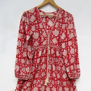 summer cotton red floral hand block printed women&#39;s maxi dress - deep v neck with tassels mini dress
