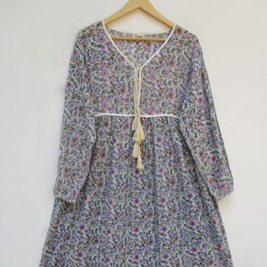 pink-green floral screen printed long summer maxi dress - v neckline with tassel cotton dress - long sleeve bohemian maxi dress