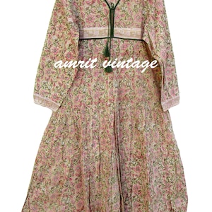 Green Pink Floral Block Print Cotton Maxi Dress – Boho Long Sleeve Empire Waist Tassel Dress – Handmade Indian Summer Dress