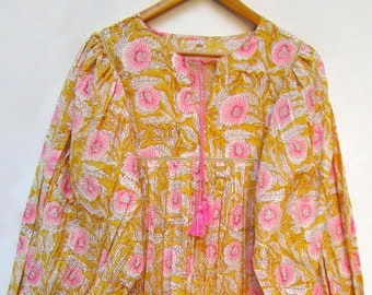 yellow floral blossom block printed cotton blouse tops - Henley neckline with tassel blouse - long sleeve bohemian tunics