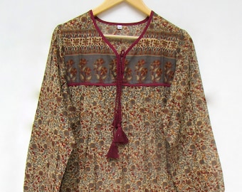 ethnic wear screen printed cotton blouse - v neckline with tassel casual tops - long sleeve ethnic wear tunics