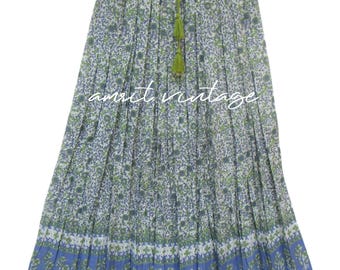 green blue screen printed floral bohemians cotton maxi skirts - with tassels summer long maxi skirts