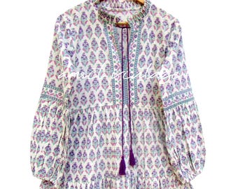 summer purple pink floral printed mini maxi dress - Henley ruffle neckline with tassel mini dress - long sleeve mini maxi