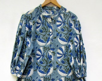 elegant blues floral printed cotton mini maxi dress - collared neckline with buttons mini maxi - long sleeve with button dress